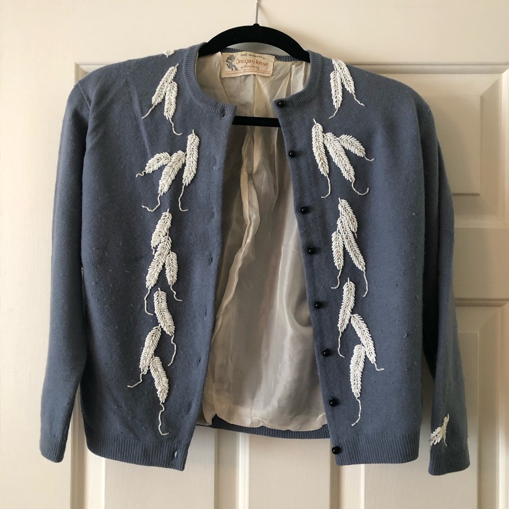 Vintage hand beaded blue cardigan- one of a kind!